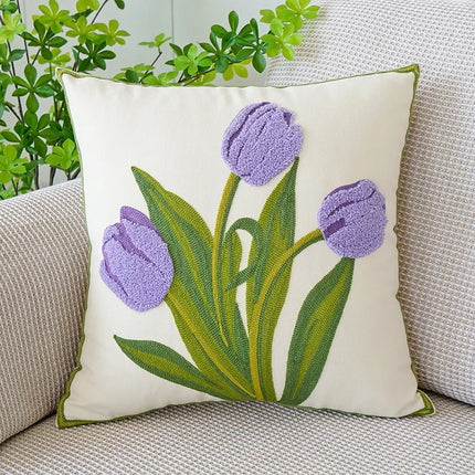 Housse de coussin brodée de fleurs de tulipe et d'orchidée