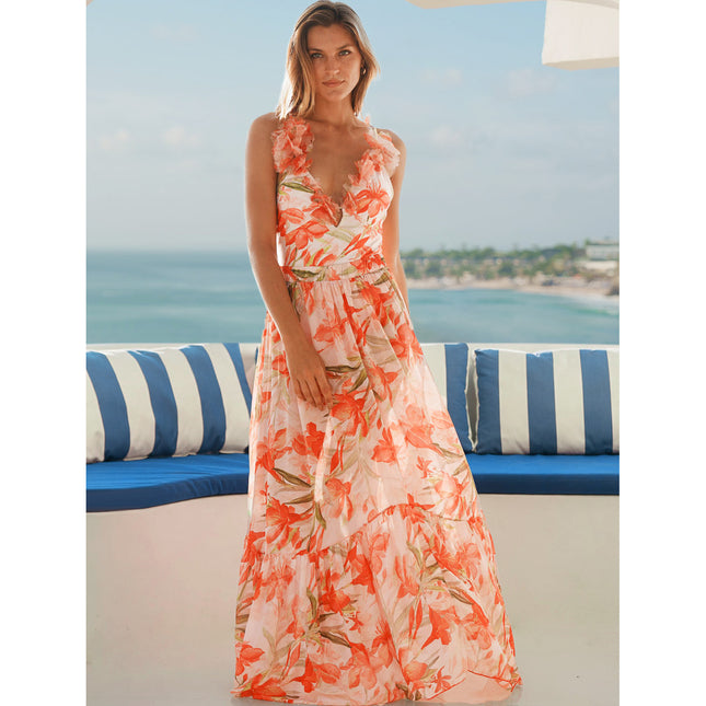 Maillot de bain une pièce à col en V imprimé floral 3D, ensemble robe mi-longue
