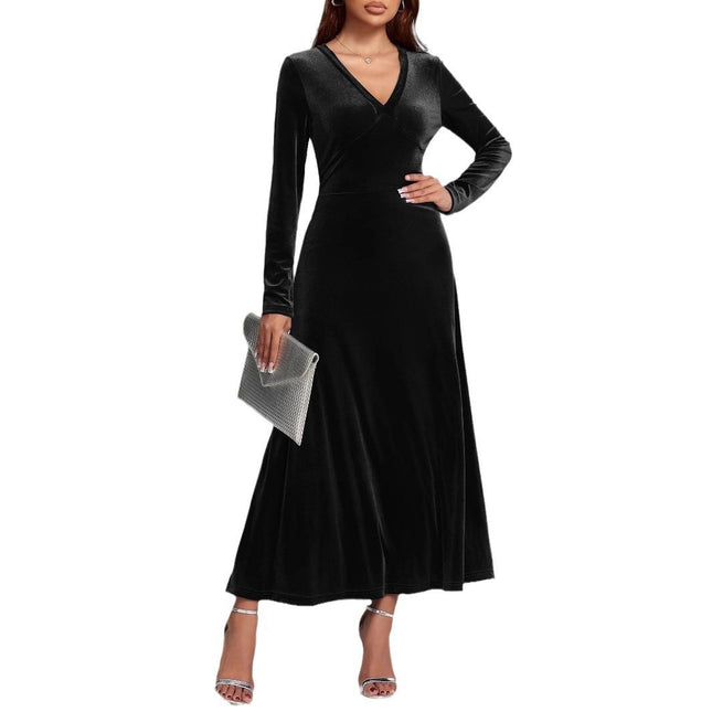 Vestido de noche de manga larga con escote en V y tejido de felpa