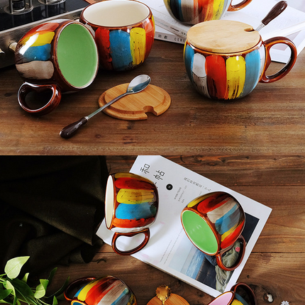 Creative ceramic cup milk cup water cup coffee cup breakfast cup couple cup to cup mug with lid spoon - Wnkrs