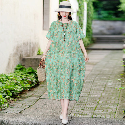 Vestido informal versátil de algodón y lino con estampado floral para mujer