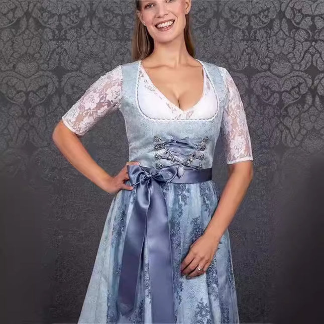 Ensemble de costume de bière allemand pour femme en jacquard bleu bavarois 2024, trois pièces
