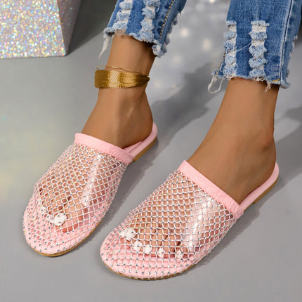 Sandalias transparentes con punta hueca y diamantes de imitación para mujer, zapatillas de verano a la moda para exteriores, zapatos planos