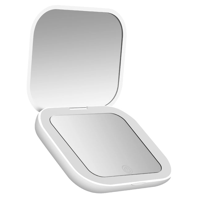 Miroir de maquillage pliable compact avec éclairage LED et grossissement 2X