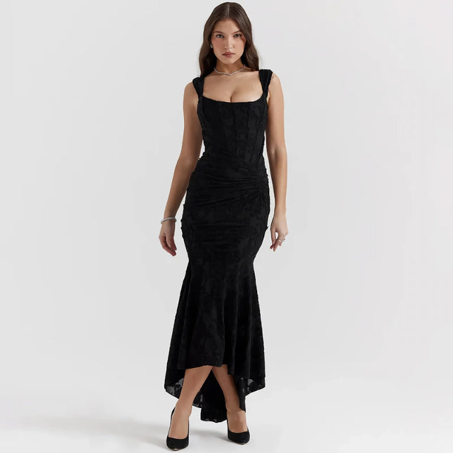 Elegant Ruffled Evening Maxi Dress with Zipper Detail