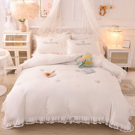 Summer Ruffled Cotton Four-piece Set Girl Heart Embroidery Flower Quilt Cover - Wnkrs