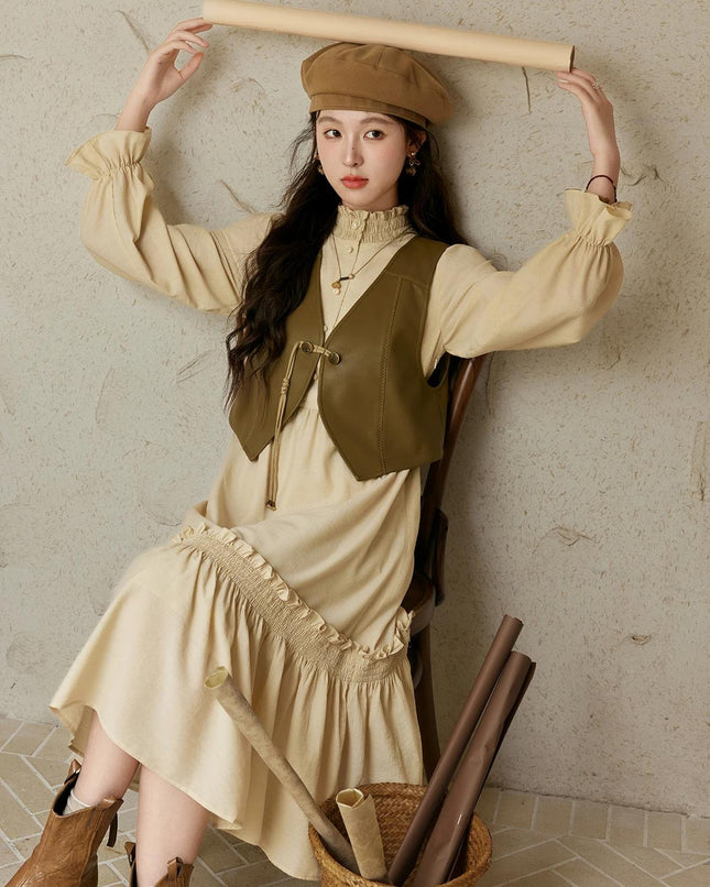 Chaleco de cuero con escote en V chino para mujer