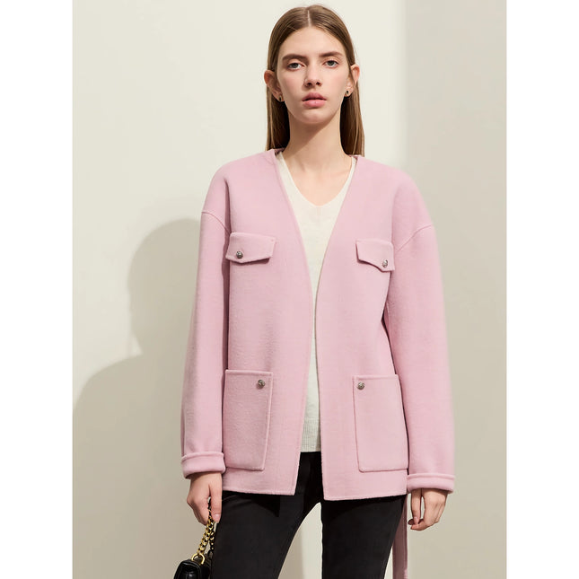 Manteau élégant en laine pour femme - Veste thermique à col en V avec ceinture