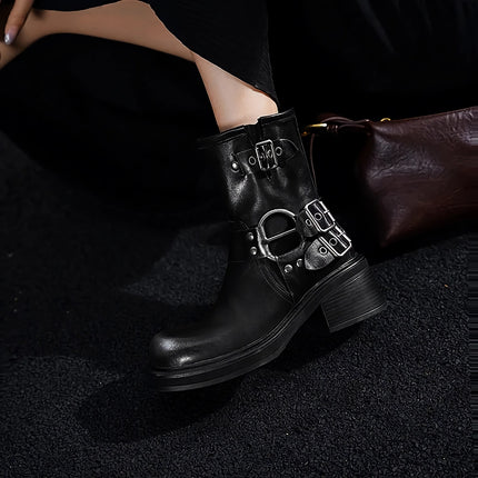 Botas de moto con estilo retro para mujer, con correas de hebilla y tobillo