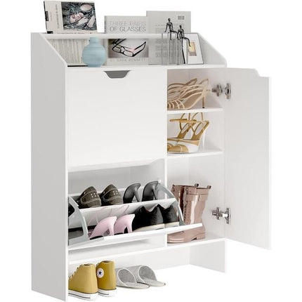 Modern White Shoe Storage Cabinet with Top Place Space and 2 Flip Drawers - Wnkrs