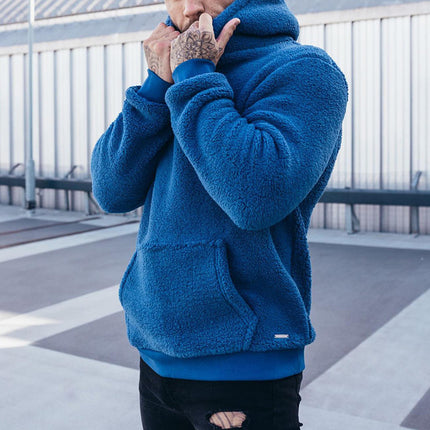 Sweat à capuche en peluche pour homme avec grande poche, pull à manches longues tendance, vêtements unis
