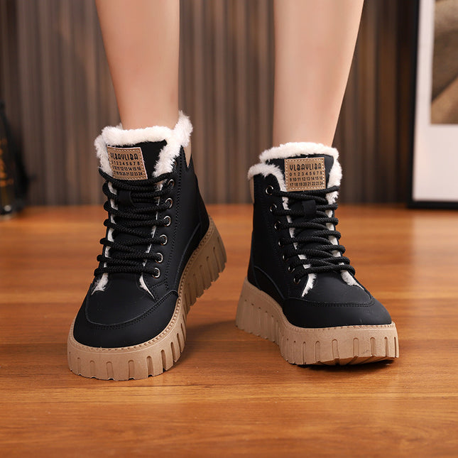 Bottes de neige à lacets pour femmes, chaussures plates en polaire chaudes d'hiver, bottines décontractées en peluche à la mode
