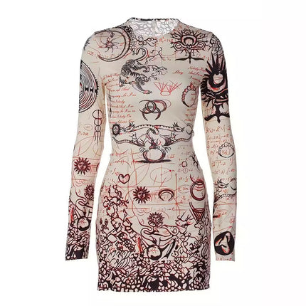 Retro Fashion Trends All-match Random Pattern Printing Sexy Slim Hip Dress