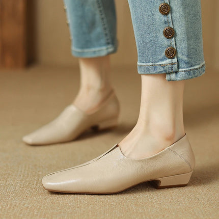 Chaussures à talon bas et bout carré en cuir véritable souple pour femmes