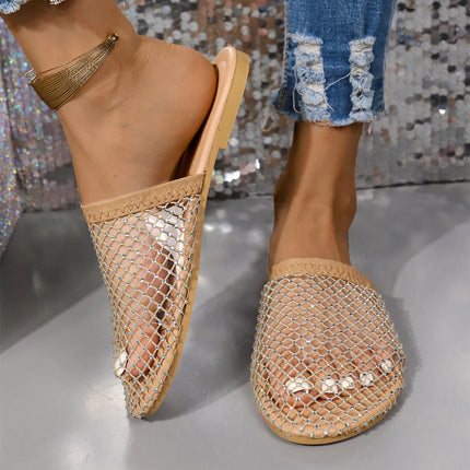 Sandalias transparentes con punta hueca y diamantes de imitación para mujer, zapatillas de verano a la moda para exteriores, zapatos planos