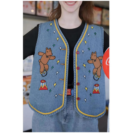 Denim Cartoon Graphic Sleeveless Vest Jacket for Teens