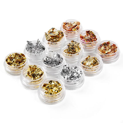 Lot de 12 pots de paillettes dorées et argentées pour nail art