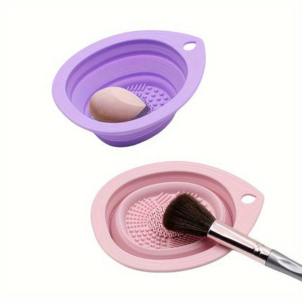 Nettoyeur de pinceaux de maquillage en silicone : bol de lavage pliable portable et tapis de nettoyage