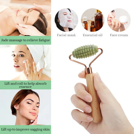 Rouleau de jade et masseur Gua Sha avec manche en bois pour le lifting et l'amincissement de la peau