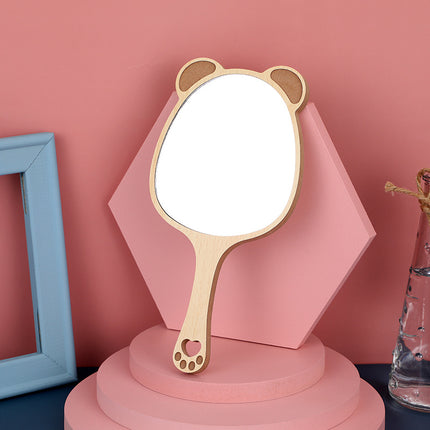 Charmant miroir de maquillage à main en bois avec un joli motif d'oreille de chat