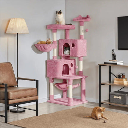 64'' Multi-Level Pink Cat Tree Tower with Condos, Scratching Posts, and Hammock - Wnkrs