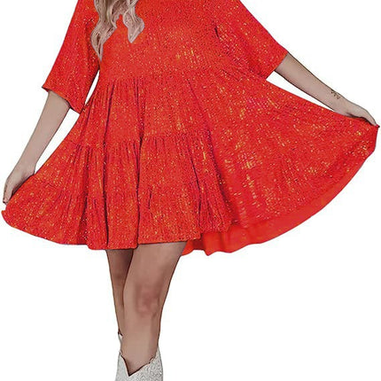 Fashionable Round-neck Loose-fit Short-sleeve Dress With Sequins