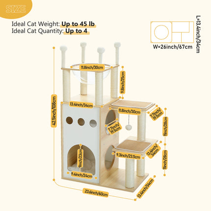 Torre moderna de madera para gatos con condominio de 2 pisos y postes para rascar
