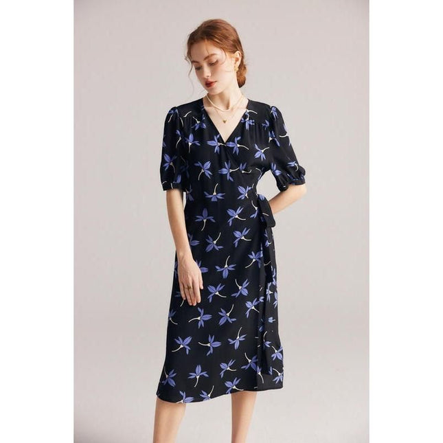 Robe portefeuille en crêpe de Chine de soie fleurie