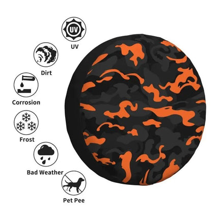 Rugged Camo Spare Tire Cover – Black Orange Camouflage Wheel Protector for Off-Road and Outdoor Vehicles - Wnkrs