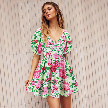 Vestido con cuello en V y mangas abullonadas con estampado de flores Y2K para vacaciones de verano, vestidos cortos de playa, ropa de moda para mujer