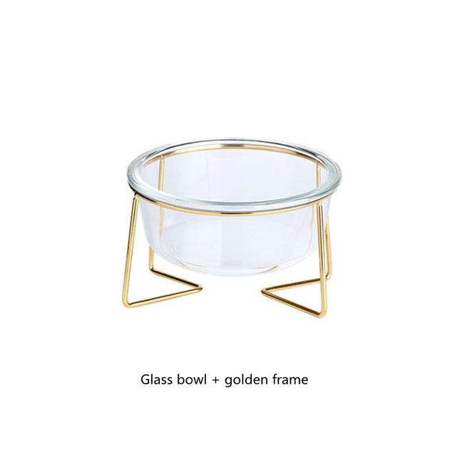 Elegante cuenco de cristal antideslizante para perros y gatos con soporte dorado