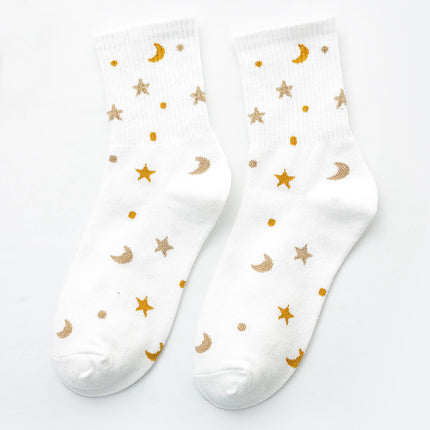 Calcetines elegantes de seda plateada con luna y estrellas para mujer