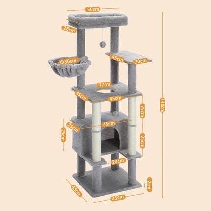 Árbol para gatos de varios niveles con condominio y postes para rascar