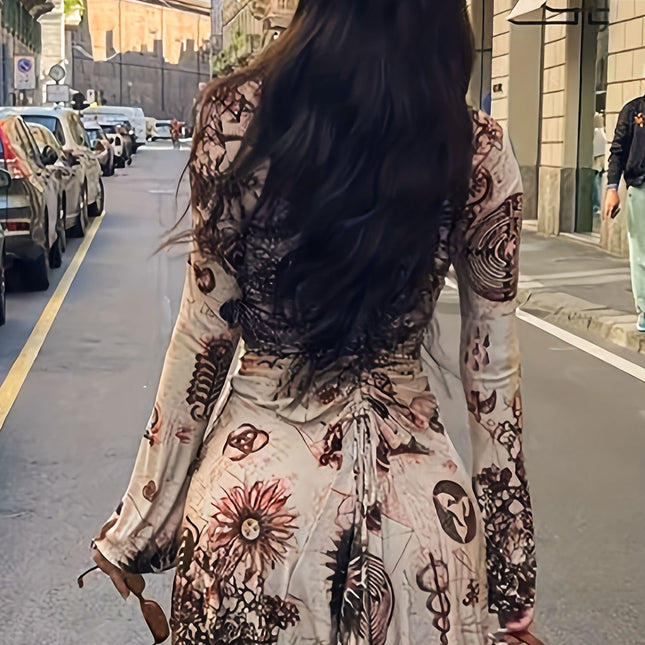 Vestido ajustado sexy con estampado de patrones aleatorios y tendencias de moda retro