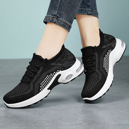 Zapatillas de deporte con cordones y amortiguación de aire para mujer, zapatos casuales de malla transpirables de tejido volador para verano