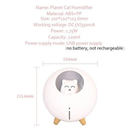 Humidificateur d'air à ultrasons Planet Cat avec veilleuse LED colorée