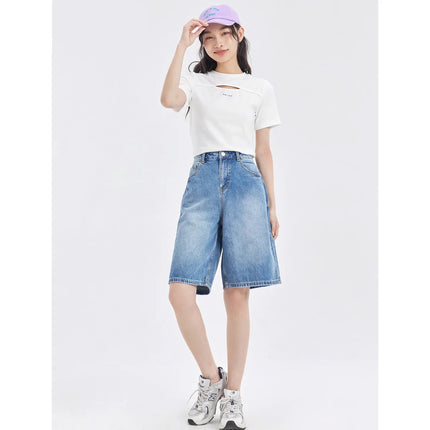 Short en jean droit taille haute pour femme