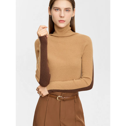 Minimalist Color Contrast Turtleneck Sweater for Women - Autumn Slim Fit Knitted Pullover