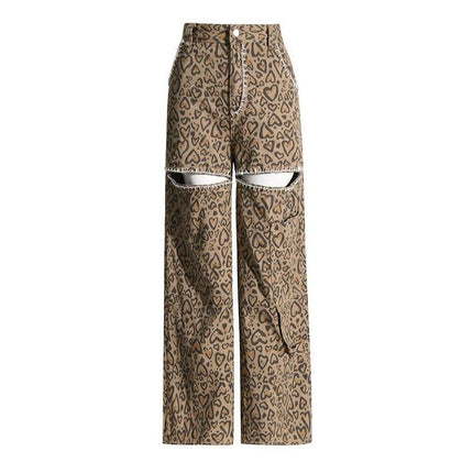 High Waist Patchwork Leopard Denim Trousers