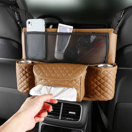 Luxurious Leather Car Seat Storage Bag with Drink Holders - Wnkrs