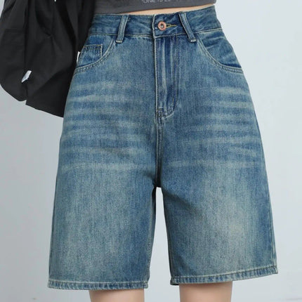 High Waist Knee Length Denim Shorts for Women