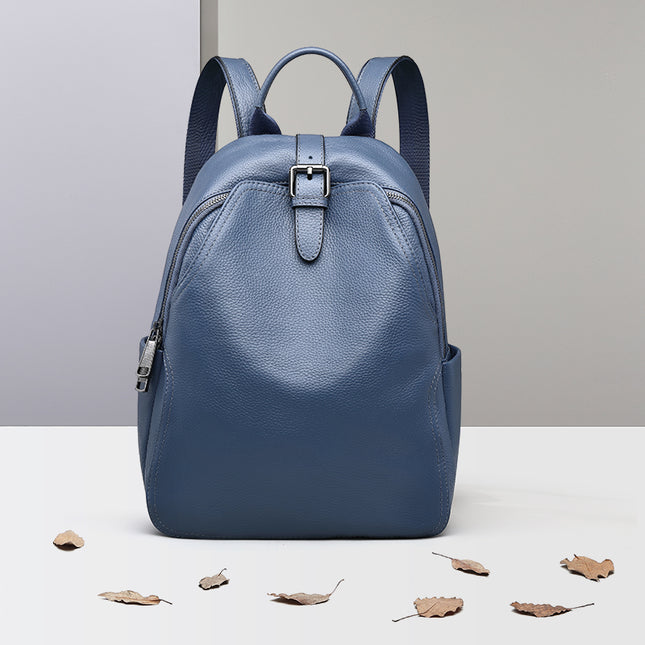 Mochila elegante de piel azul y gris para mujer