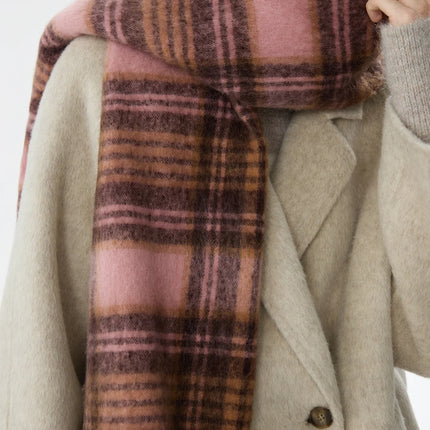 Bufanda de invierno a cuadros acogedora para mujer: diseño de borlas en color café rosa, cálida y elegante