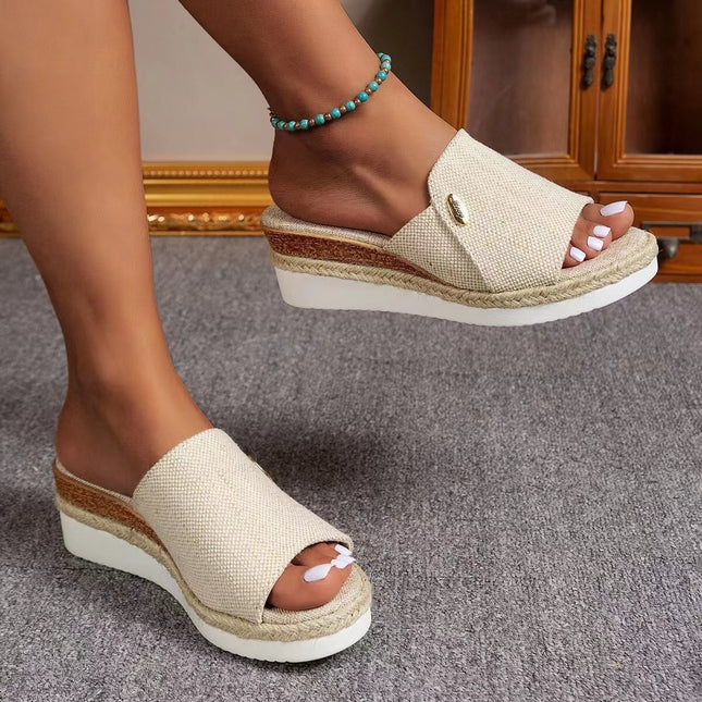 Sandales compensées en toile denim, pantoufles à talons hauts en chanvre à la mode pour l'été, chaussures d'extérieur à fond épais et bouche de poisson pour femmes