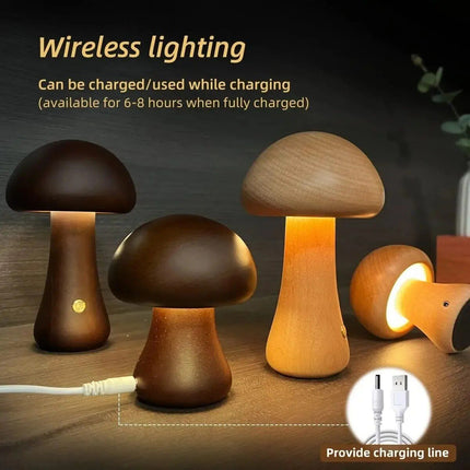 Charming Touch-Control LED Mushroom Night Light - Wooden Bedside Lamp with USB Charging - Wnkrs