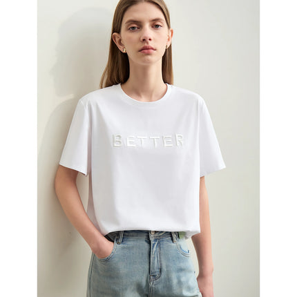 T-shirt minimaliste en coton brodé à manches courtes pour femme