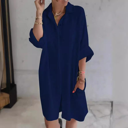 Long Shirt Women's Cotton And Linen Loose Solid Color Pocket Shirt Dress