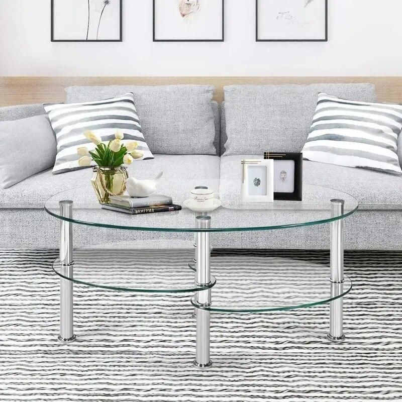 Elegant Oval Tempered Glass Coffee Table with 3 Tiers and Steel Frame