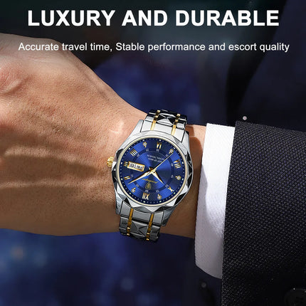 Luxury Stainless Steel Quartz Men's Watch with Luminous Date Week Display