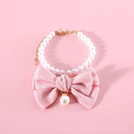 Elegante collar de perlas para gatos y perros pequeños con lazo de diamantes de imitación